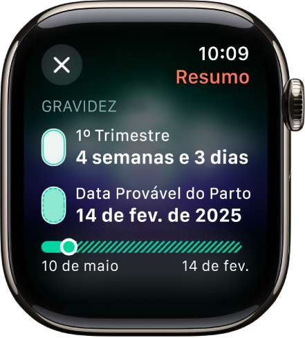 Tela no app Acompanhamento de Ciclo mostrando o resumo de uma gravidez, com uma idade gestacional e a data provável do parto no centro da tela.