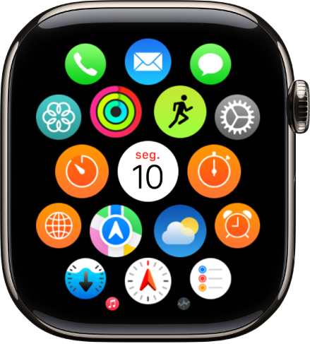 Tela de Início na visualização por grade, com os apps agrupados.
