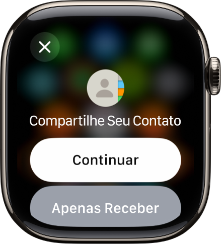 Tela do NameDrop mostrando dois botões: Continuar, que permite receber um contato além de compartilhar o seu, e Apenas Receber, para somente receber as informações de contato de outra pessoa.