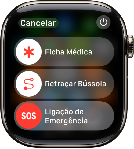 Tela dos serviços de emergência. Perto da parte superior, o controle deslizante Ficha Médica; no meio, o controle deslizante Retraçar da Bússola e, na parte inferior, o controle deslizante Ligação de Emergência.