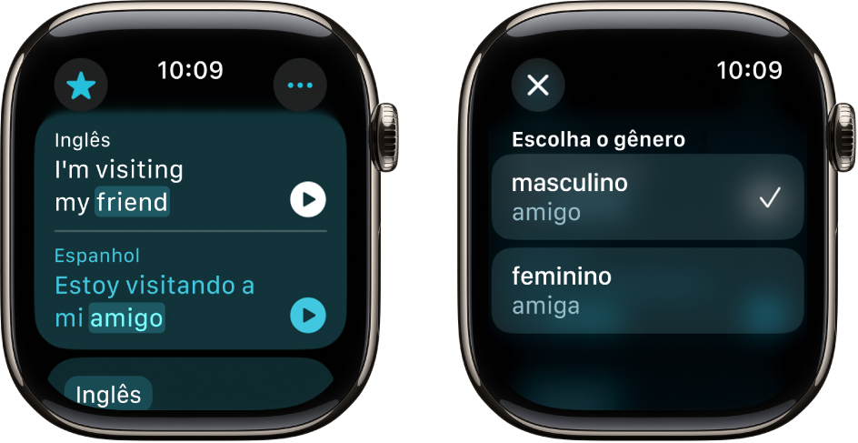 Duas telas no app Traduzir, a primeira mostra uma frase em português na parte superior, traduzida para espanhol abaixo. Na segunda tela, uma palavra está destacada com variações de gênero.