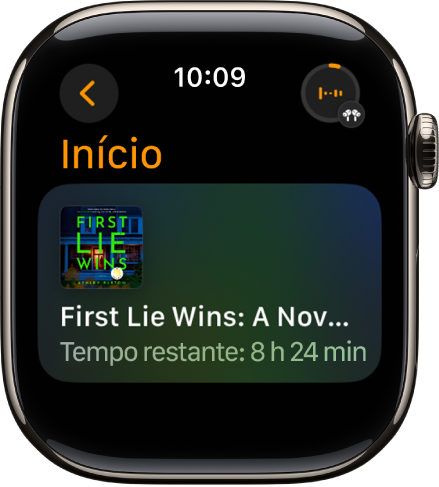 Tela do app Audiolivros mostrando o livro em reprodução, com o título e o tempo restante. O botão Reproduzindo está na parte superior direita.