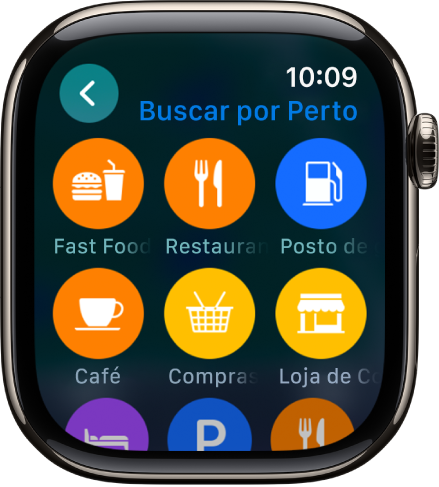 Tela do app Mapas mostrando categorias de localizações.