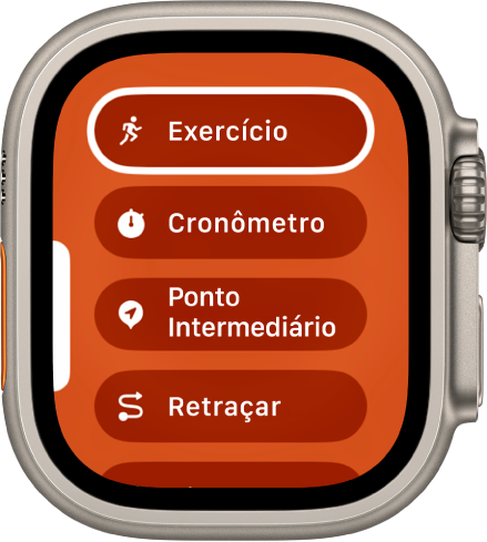 Tela Troca Rápida mostrando as ações que podem ser atribuídas ao botão de Ação, como Exercício, Cronômetro e Ponto intermediário.