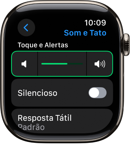 Ajustes de Som e Tato no Apple Watch com o controle deslizante de Volume de Alerta na parte superior e o controle do Modo Silencioso abaixo.