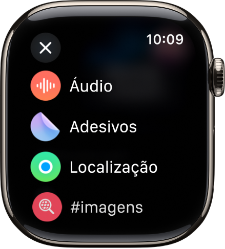 Tela do app Mensagens mostrando opções de anexos, como áudio, adesivos, localização e imagens.