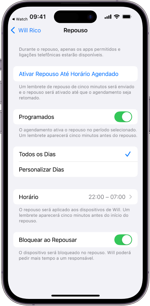 iPhone mostrando a tela de configuração do Repouso. O controle Programado está perto da parte superior. As opções “Todos os Dias” e “Personalizar Dias” aparecem abaixo disso, com “Todos os Dias” selecionado. As horas De e Até estão no meio da tela e o botão “Bloquear ao Repousar” está perto da parte inferior.