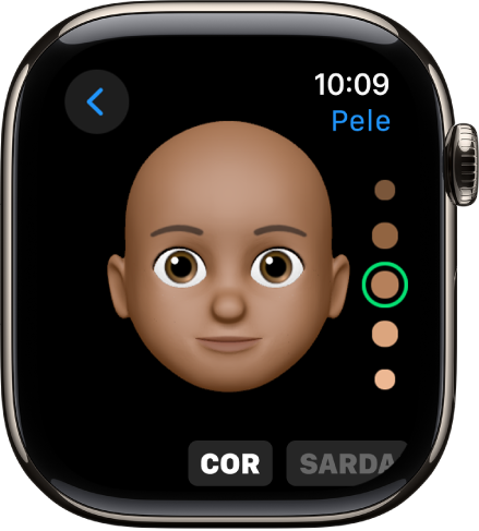App Memoji no Apple Watch mostrando a tela de edição de Nariz. O rosto se aproxima, centralizado no nariz. A palavra Cor aparece na parte inferior.