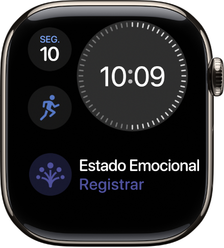 Mostrador Modular Compacto com um relógio digital próximo da parte superior direita, dia e data na parte superior esquerda e duas complicações: Exercício no centro à esquerda e Estado Emocional na parte inferior.