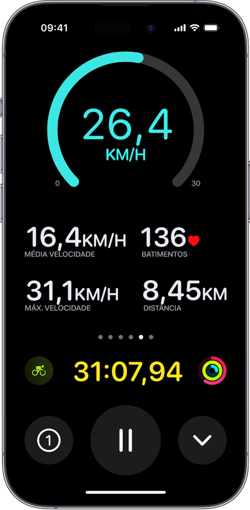 Um exercício de bicicleta em andamento é exibido como Atividade ao Vivo no iPhone e mostra a velocidade, a velocidade média, a frequência cardíaca, a velocidade máxima, a distância percorrida e o tempo total decorrido do exercício.