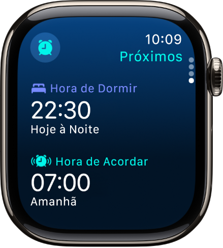 App Sono no Apple Watch mostrando os horários de sono da noite. Hora de Dormir aparece na parte superior e Hora de Acordar está abaixo.