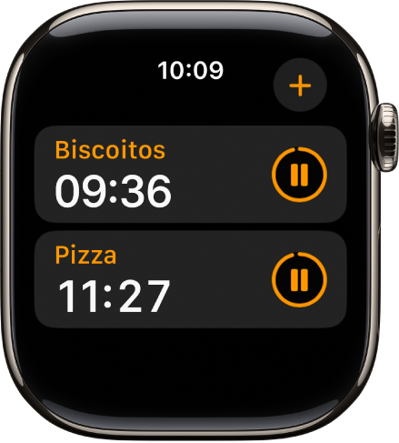 Dois timers no app Timers. Cada timer mostra o tempo restante abaixo do nome do timer e um botão de pausa à direita. O botão Adicionar está na parte superior direita.