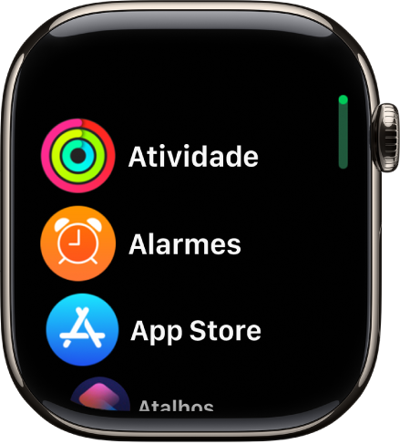 Tela de Início na visualização por lista, com os apps em ordem alfabética.