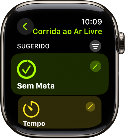 App Exercício mostrando uma tela para editar um exercício de Corrida ao Ar Livre. A seção Abrir está no centro, com o botão Editar na parte superior direita. Parte da seção Tempo aparece abaixo.