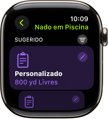 Tela do app Exercício mostrando os ajustes de um exercício personalizado de Nado em Piscina.