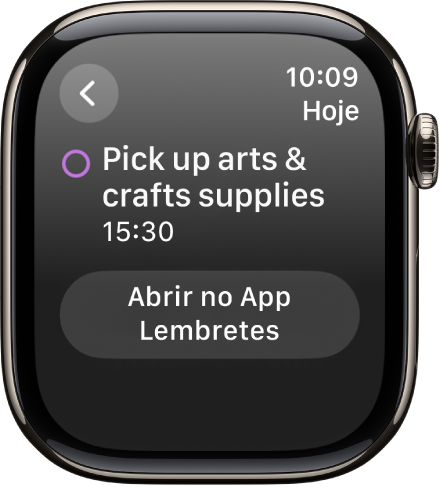 Tela do Calendário mostrando um lembrete. O nome do lembrete está na parte superior, com o horário do lembrete abaixo. A data do evento está na parte superior direita. Um botão para abrir o lembrete no app Lembretes aparece na parte inferior da tela.