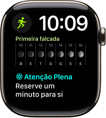 O mostrador “Modular duplo” com um relógio digital no canto superior direito e três complicações: “Treino” está no canto superior esquerdo, “Fase da lua” ao centro e “Atenção plena” na parte inferior.