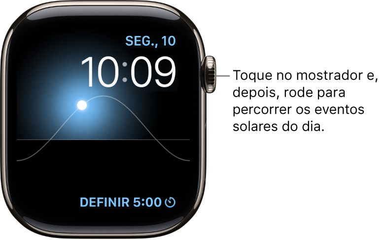 O mostrador Gráfico Solar mostra o dia, a data e a hora, que não podem ser modificados. Surge uma complicação “Temporizador” no canto inferior direito. Toque no mostrador e, depois, rode a Digital Crown para mover o sol no céu para o anoitecer, o amanhecer, o zénite, o pôr do sol e a escuridão.