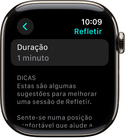 O ecrã da aplicação Atenção Plena, com a duração de um minuto na parte superior. Por baixo estão dicas para ajudar a melhorar a sessão “Refletir”.