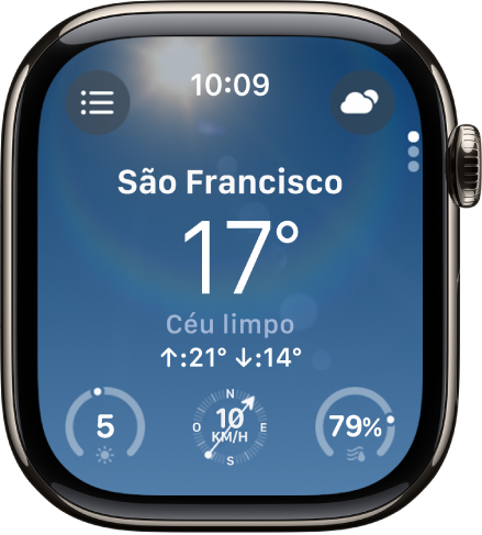 A aplicação Meteorologia com uma visão geral do estado do tempo do dia. O nome da localização é apresentado com a temperatura atual por baixo. Há três botões na parte superior: “Índice UV”, “Velocidade do vento” e “Precipitação”. O botão “Lista de localizações” encontra-se em cima à esquerda e o botão “Condições” encontra-se em cima à direita.