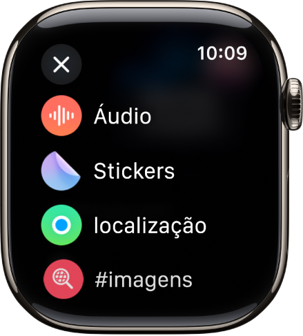 Um ecrã da aplicação Mensagens a mostrar opções de anexos, como áudio, stickers, localização e imagens.