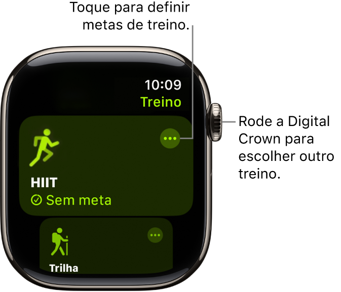 O ecrã da aplicação Treino com o treino HIIT (treino intervalado de alta intensidade) em destaque. Um botão Mais no canto superior direito do mosaico de treino.