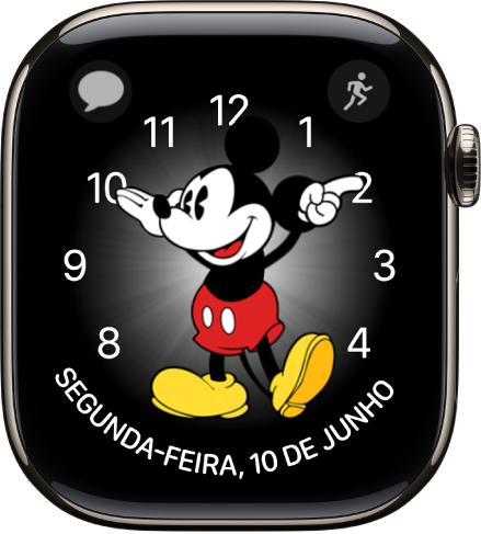 O mostrador Mickey Mouse onde é possível adicionar muitas complicações: Mostra três complicações: “Mensagens” está no canto superior esquerdo, “Treino” no canto superior direito e a data na parte inferior.
