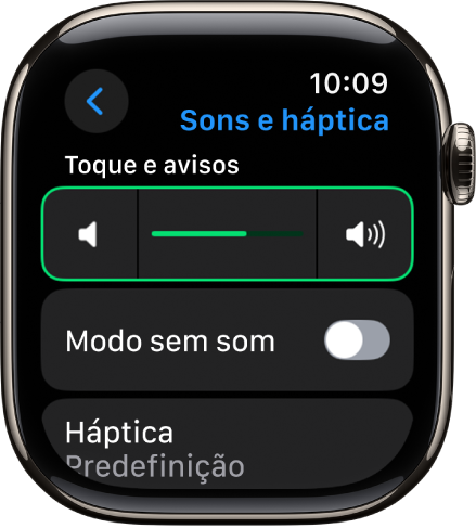 Definições de “Sons e háptica” no Apple Watch com o nivelador “Volume do aviso” na parte superior e o manípulo “Modo sem som” por baixo.