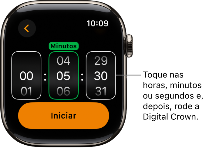 Definições para criar um temporizador personalizado, com as horas à esquerda, os minutos no meio e os segundos à direita. O botão “Iniciar” encontra-se abaixo.