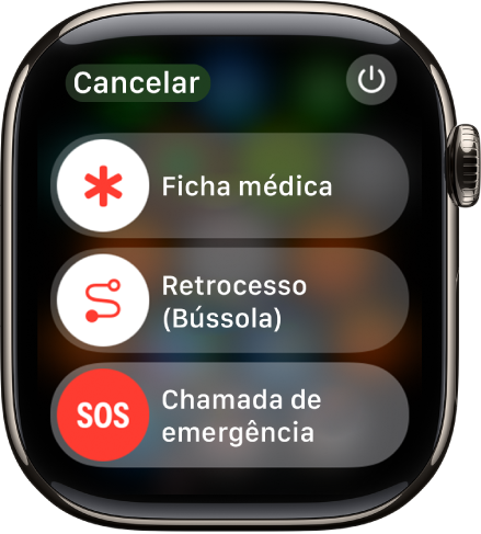 O ecrã de serviços de emergência. Junto à parte superior encontra-se o nivelador “Ficha médica”, ao centro está o nivelador “Retrocesso” e, na parte inferior, o nivelador “SOS emergência”.