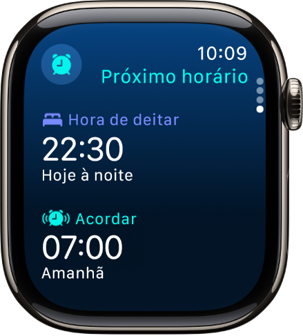 A aplicação Sono no Apple Watch a mostrar o horário de sono da noite. A hora de deitar aparece na parte superior e a hora de acordar por baixo.