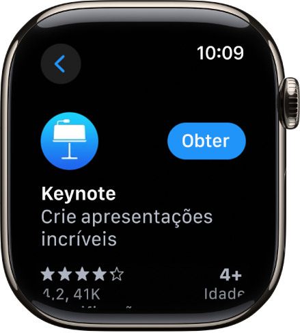 Um ecrã da aplicação App Store a mostrar a página do produto de uma aplicação com uma breve descrição da aplicação, a sua classfiicação e o botão “Obter” à direita.