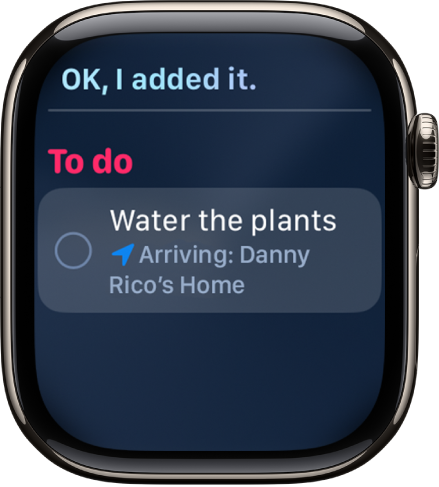O ecrã “Siri” a mostrar um lembrete adicionado à lista de afazeres.