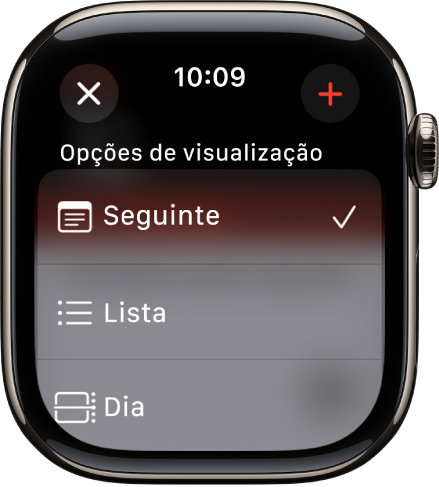 Ecrã do Calendário a mostrar “Ver opções”: “Seguinte”, “Lista” e “Dia”. O botão “Adicionar” encontra-se na parte superior direita.