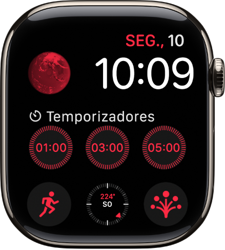 O mostrador Modular com a data e hora no canto superior direito e seis complicações: “Terra” no canto superior esquerdo, “Temporizadores” no meio e “Treino”, “Bússola” e “Estado de espírito” na parte inferior.
