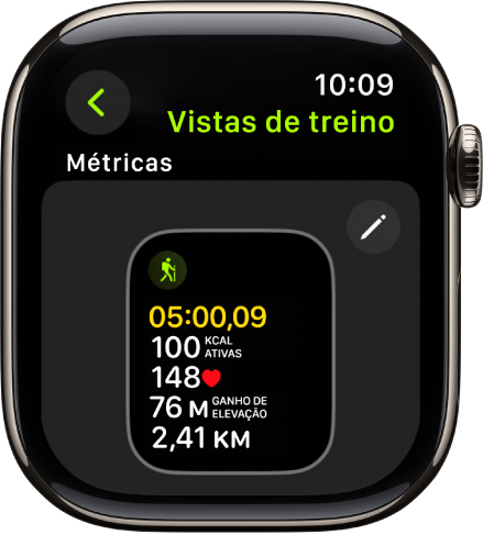 O ecrã “Vistas de treino” a mostrar a vista de métricas de treino para um treino de caminhada.