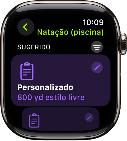 Um ecrã na aplicação Treino a mostrar as definições de um treino personalizado de natação em piscina.