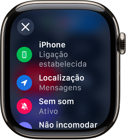 Os detalhes de estado a mostrarem o iPhone ligado, a localização a ser usada pela aplicação Mensagens, o Modo sem som ativado e Não incomodar ativado.