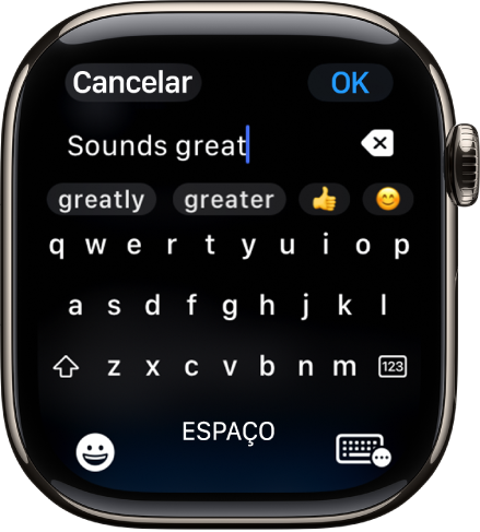 O ecrã do campo de texto a mostrar uma mensagem criada com o teclado no ecrã. Na parte inferior do ecrã estão os botões “Emoji” e “Teclado no ecrã”.