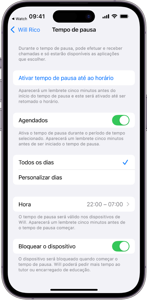 iPhone, com o ecrã de configuração de Tempo de pausa. Na parte superior está o manípulo “Agendado”. Mais abaixo estão as opções “Todos os dias”, e “Personalizar dias”. Está selecionada a opção “Todos os dias”. Os campos “Início” e “Fim” para as horas estão no meio do ecrã e o botão “Bloquear o dispositivo” encontra‑se junto à parte inferior.