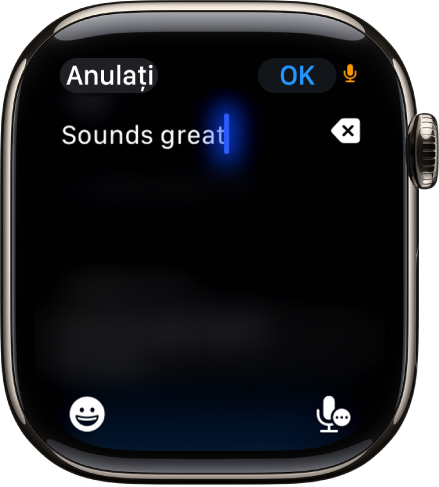 Ecranul câmp de text afișând un mesaj creat cu ajutorul dictării. Butoanele Emoji și Dictare se află în partea de jos a ecranului.