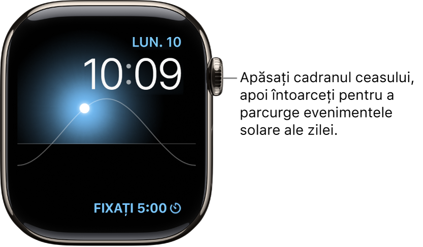 Cadranul de ceas Grafic solar afișează ziua, data și ora actuală, care nu poate fi modificată. O complicație Temporizator apare în dreapta jos. Apăsați pe cadranul ceasului, apoi întoarceți coroana Digital Crown pentru a deplasa soarele pe cer spre amurg, zori, zenit, apus și întuneric.
