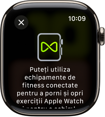 Un ecran de asociere care apare atunci când asociați Apple Watch‑ul cu echipamentul de fitness.