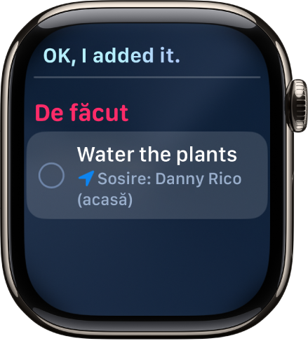 Ecranul Siri afișând un memento adăugat la o listă de activități de realizat.