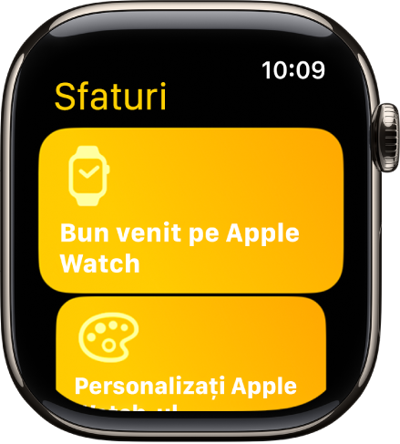 Aplicația Sfaturi afișează colecții de sfaturi precum Bun venit pe Apple Watch.