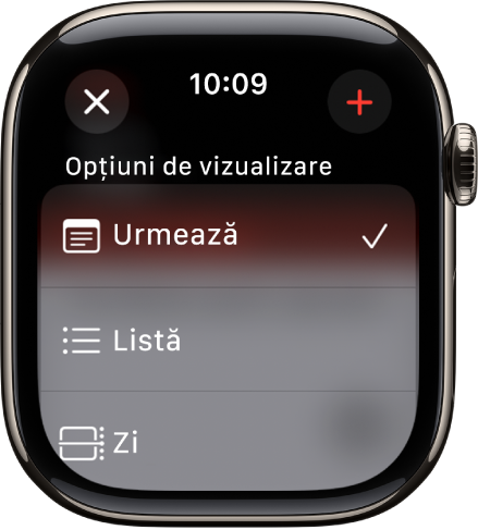 Ecranul Calendar prezentând opțiunile de vizualizare: Urmează, Listă și Zi. Butonul Adăugați este în colțul din dreapta sus.