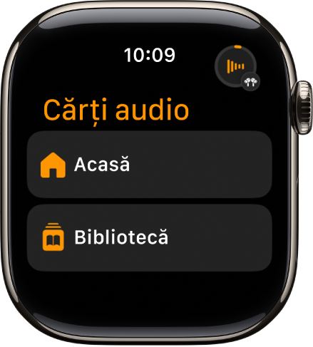 Aplicația Cărți audio prezentând butoanele Acasă și Bibliotecă.