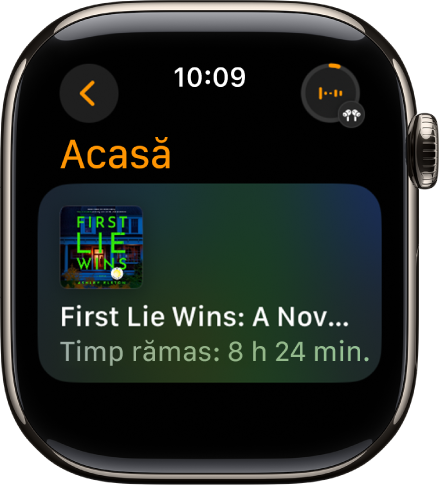 Un ecran Cărți audio afișând cartea aflată în curs de redare, cu titlul și timpul rămas. Butonul Ascultați acum se află în dreapta sus.