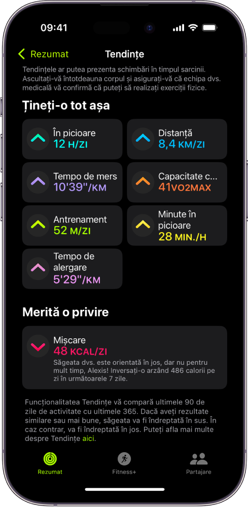 Fila Tendințe în aplicația Fittness pe iPhone Un număr de indici apar sub antetul Tendințe în partea de sus a ecranului. Parametrii includ: Antrenament, În picioare și Distanță. Mișcarea apare sub titlul Merită o privire.