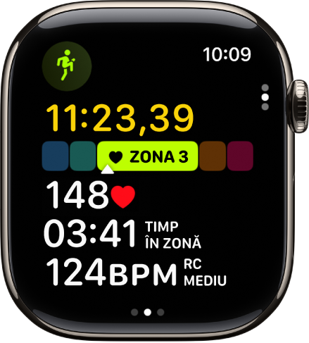 Un exercițiu de alergare în desfășurare, afișând timpul scurs din exercițiu, zona în care se află utilizatorul, ritmul cardiac, timpul petrecut în zonă și ritmul cardiac mediu.